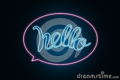 Stylish neon sign with word Hello on dark background Stock Photo
