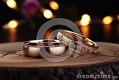 Stylish nuptials wedding rings on wood with cozy loftstyle decor Stock Photo