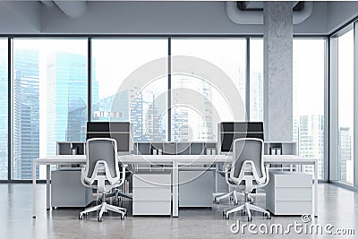 Stylish office interior with pc monitors and drawers, panoramic window Stock Photo
