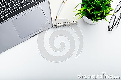 Stylish office table desk. Workspace with laptop, diary, succulent on white background. Flat lay, top view with copy space for tex Stock Photo