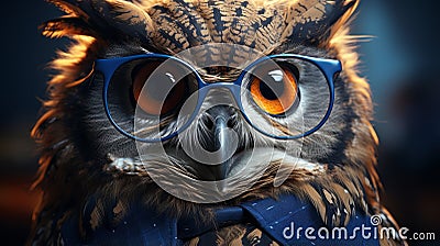 Stylish Owl With Blue Tie And Glasses - Vray Tracing Inspired Art Cartoon Illustration