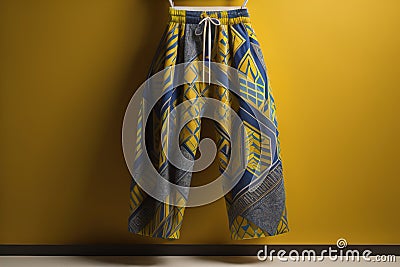 Stylish pants hanging on yellow wall, closeup. Comfortable clothing. generative ai Stock Photo