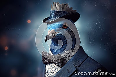 Stylish pigeon in a smoking suit surrounded by mysterious smoke with a beautiful blurred background. Generative AI Stock Photo