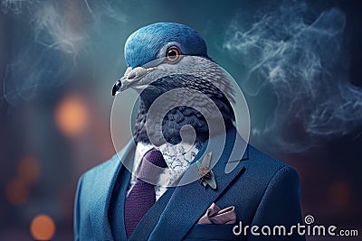 Stylish pigeon in a smoking suit surrounded by mysterious smoke with a beautiful blurred background. Generative AI Stock Photo