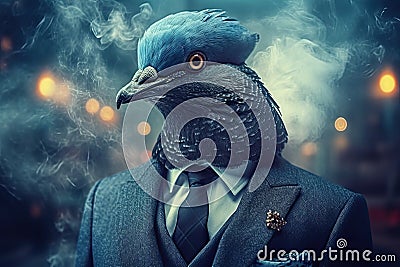 Stylish pigeon in a smoking suit surrounded by mysterious smoke with a beautiful blurred background. Generative AI Stock Photo