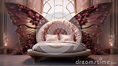 Stylish pink bed with golden legs in the form of a big butterfly for a girl's room. Interior of a childish little princess Stock Photo