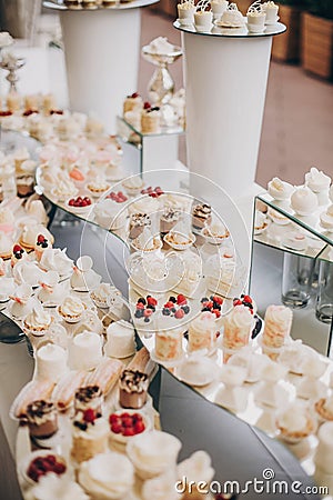 stylish pink candy bar table with delicious cakes,cookies,cupcakes with fruits in pink and white colors. luxury catering in Stock Photo