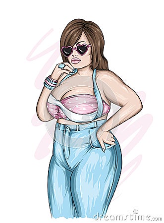 Stylish plus size girl with long hair in a beautiful top and pants. Fashion clothes and accessories, fashion and style. Vector Vector Illustration