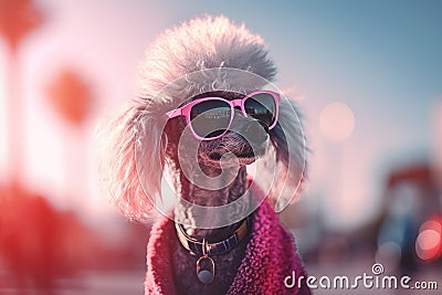 Stylish poodle with pink sunglasses. Generate ai Stock Photo