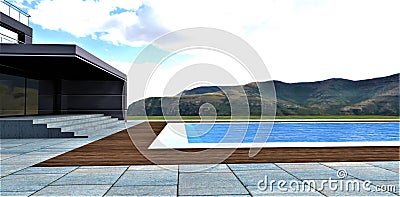 Stylish pool on the roof of a country hotel in the mountains. Exit from the premises through a porch with wide concrete steps and Stock Photo