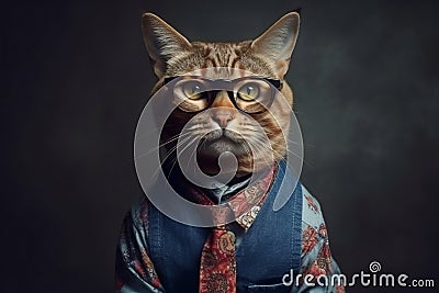 Stylish portrait of a hipster cat dressed as human. Generative AI Stock Photo