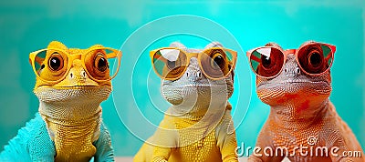 Stylish portrait of three chameleons wearing sunglasses. Pastel gradient background. Stock Photo