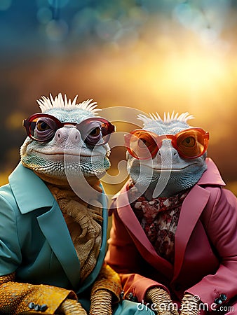 Stylish portrait of two dressed up chameleons wearing sunglasses and suit. Gradient background. Stock Photo