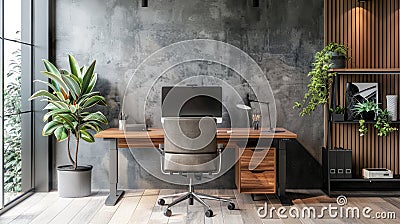 Stylish, productive home office with sleek desk, ergonomic chair, and high-tech gear. 3d background room Stock Photo