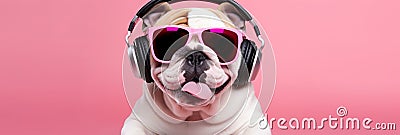 Stylish, purebred dog, english bulldog wearing sport stylish clothes and listening to music in headphones against pink studio Stock Photo