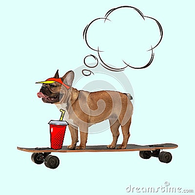 Contemporary artwork, conceptual collage. Cute funny dog, french bulldog standing on longboard isolated on light Stock Photo