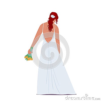 Stylish Redheaded Bride in Elegant Long Dress Rear View Isolated on White Background. Beautiful Romantic Lady Vector Illustration