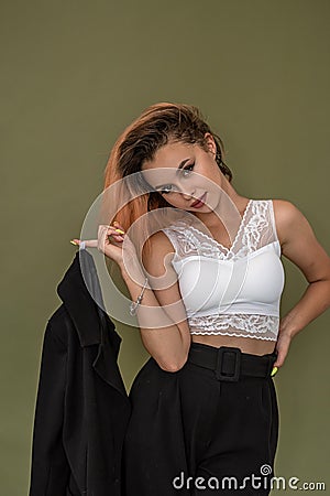 stylish refined woman perfectly demonstrates her elegance and style. Stock Photo