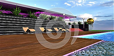 Stylish relax zone of the modern elite house with facade illumination. Several sun loungers on the deck near the glowing pool. 3d Stock Photo