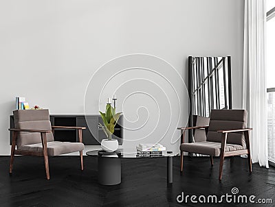 Stylish relaxing room interior with two seats and coffee table, mockup Stock Photo