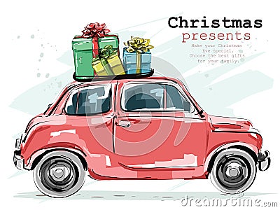 Stylish retro car with Christmas gifts. Hand drawn red car. Sketch. Vector Illustration