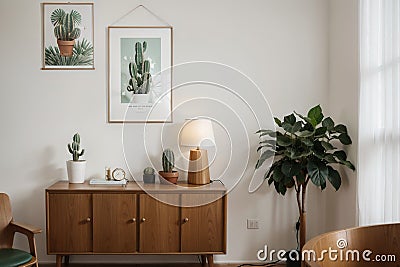 Stylish and retro composition of living room with design wooden retro commode, clock, a lot of plants and elegant accessories. Mod Stock Photo