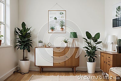 Stylish and retro composition of living room with design wooden retro commode, clock, a lot of plants and elegant accessories. Mod Stock Photo