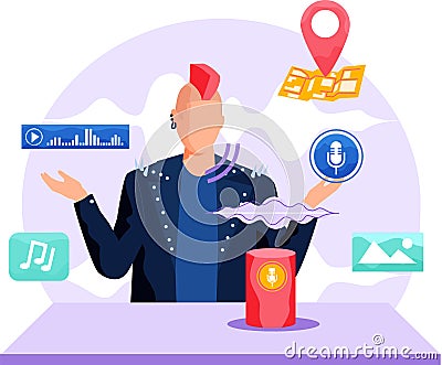 Stylish rocker using dynamic, smart speaker. Voice assistant software agent perform tasks for user Vector Illustration
