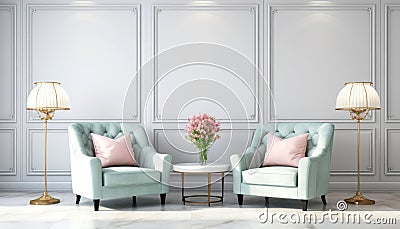 Stylish room classic interior with comfortable cozy armchair and cushions, panel walls and lamp, Stock Photo