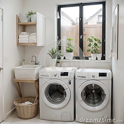 Stylish room interior with washing machine Design idea Stock Photo