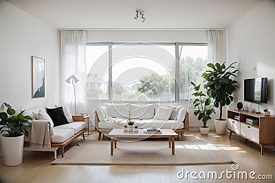 Stylish room in white color with sofa and summer landscape in window. Scandinavian interior design. Stock Photo