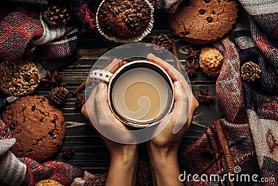 Stylish rustic winter flat lay with hands holding coffee cookies Stock Photo