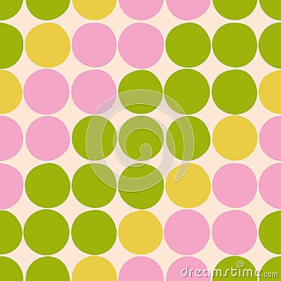 Stylish 60's, 70's abstract seamless pattern. Circles background in green, yellow, pink colors Vector Illustration