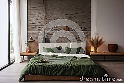 Stylish Scandinavian bedroom interior with green bed linen Stock Photo