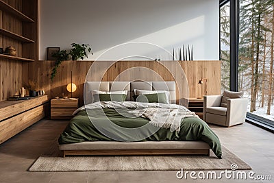 Stylish Scandinavian bedroom interior with green linens and wooden wall panels Stock Photo