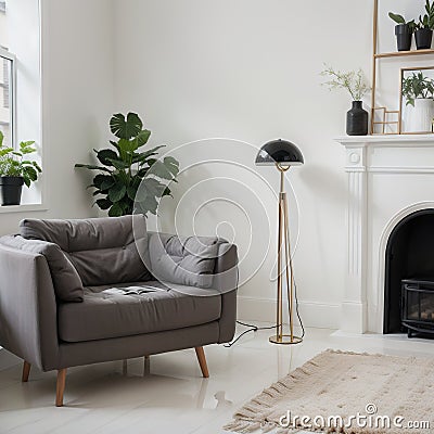 Stylish scandinavian home interior of living room with design gray sofa, armchair, marble stool, black coffee table, modern painti Stock Photo