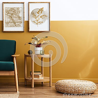 Stylish scandinavian interior of living room with design green velvet sofa, gold pouf, wooden furniture, plants, carpet, cube. Stock Photo