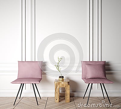 Stylish Scandinavian interior, natural wooden table, two pink chairs and modern home decoration, Mock up interior Stock Photo