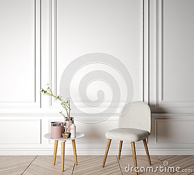 Stylish Scandinavian interior, wooden table, white chair and modern home decoration Stock Photo