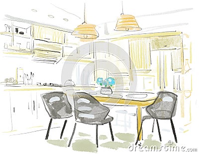 Stylish and scandinavian kitchen interior of modern apartment. Drawing sketch for design. Cartoon Illustration