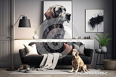 Stylish and scandinavian living room interior of modern apartment with gray sofa, design wooden commode, black table, lamp, Stock Photo