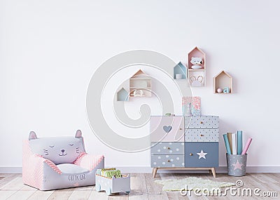 Stylish Scandinavian newborn baby room with toys. Modern interior with empty background walls Cartoon Illustration