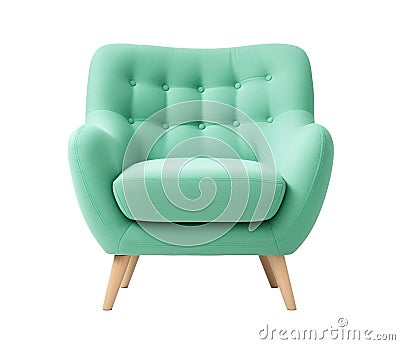 Stylish Scandinavian-style armchair with mint green upholstery, wooden legs, perfect for modern home interior. Lounge Stock Photo