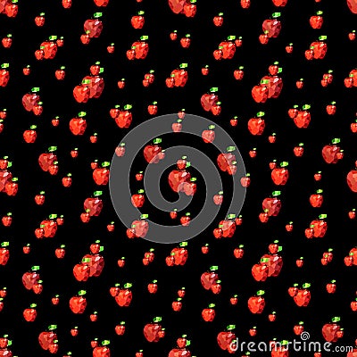 Stylish seamless pattern with random red low-poly apples.Summer digital polygonal fruit ornament on black background Stock Photo