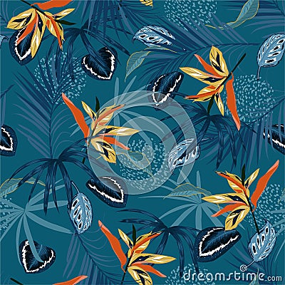 Stylish Seamless pattern vector dark Tropical jungle and monotone palm leaves, exotic palnts with animal skin floral design Vector Illustration