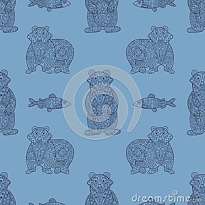 Stylish seamless texture with doodled Baikal bear and omul Vector Illustration