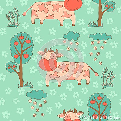 Stylish seamless texture with doodled cartoon cow Vector Illustration