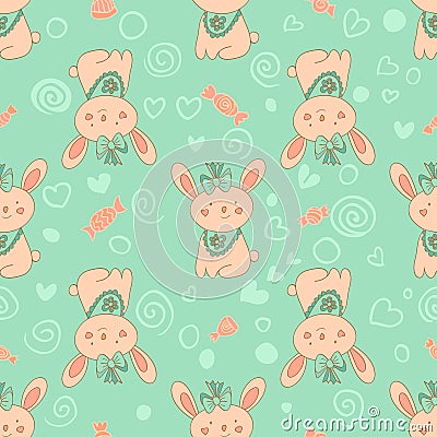 Stylish seamless texture with doodled cartoon rabbits Vector Illustration