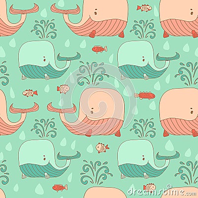 Stylish seamless texture with doodled cartoon whale Vector Illustration