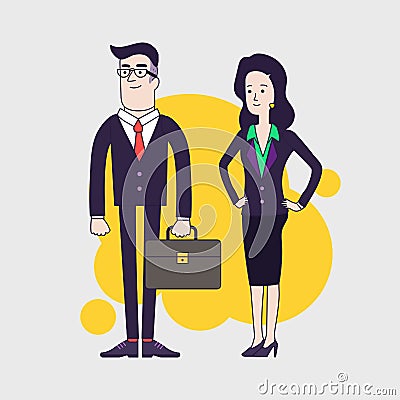 Stylish serious businessman with leather briefcase and elegant slim businesswoman. Cartoon Illustration
